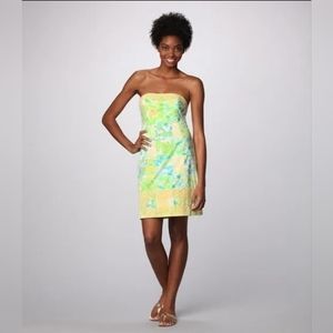 Lilly Pulitzer Bowen Gator Patch Print Cotton Poplin Lace Trim Strapless Dress